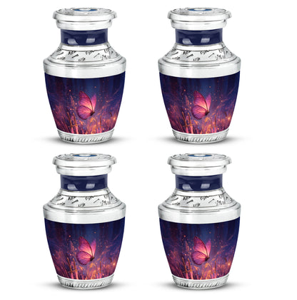 Icy Blue Butterfly Cremation Urn back view with polished surface - modern art-inspired butterfly motif on sleek aluminum - 10 inch aluminum urn for cremated remains