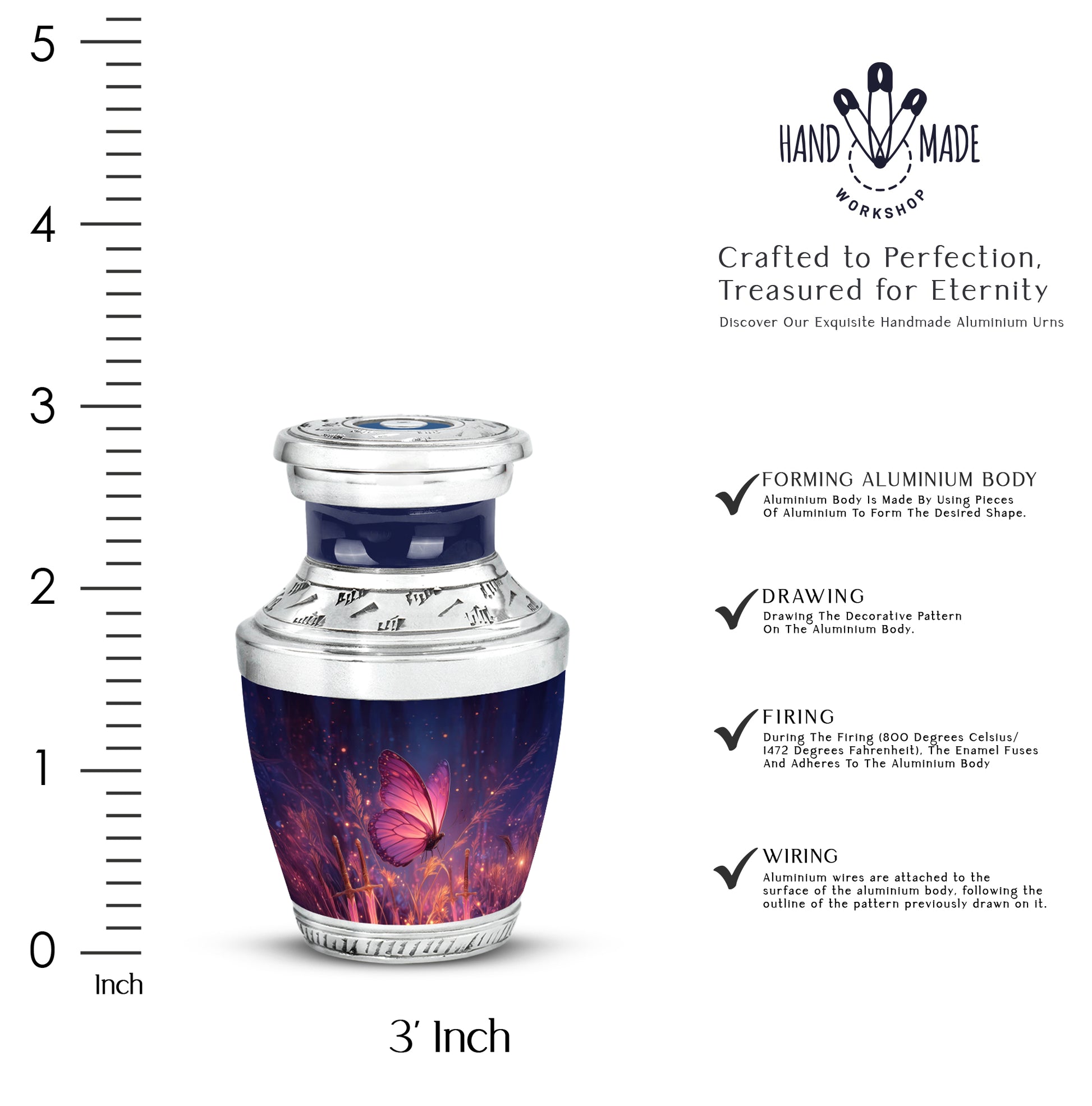 Serene Blue Butterfly Cremation Urn top-down view of secure threaded lid - artistic butterfly interpretation with creative detail - mini keepsake memorial for portion of cremation ashes