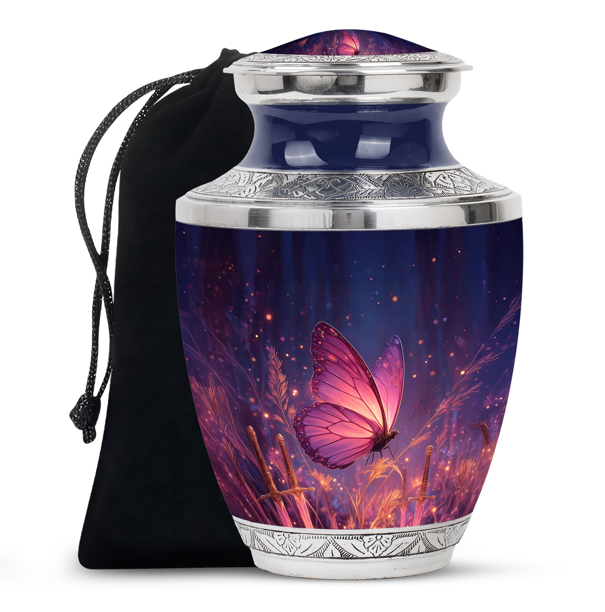 Sky Blue Butterfly Cremation Urn side profile showing urn shape - modern art-inspired butterfly motif on sleek aluminum - full-size 10 inch 200 cubic inch adult cremation urn