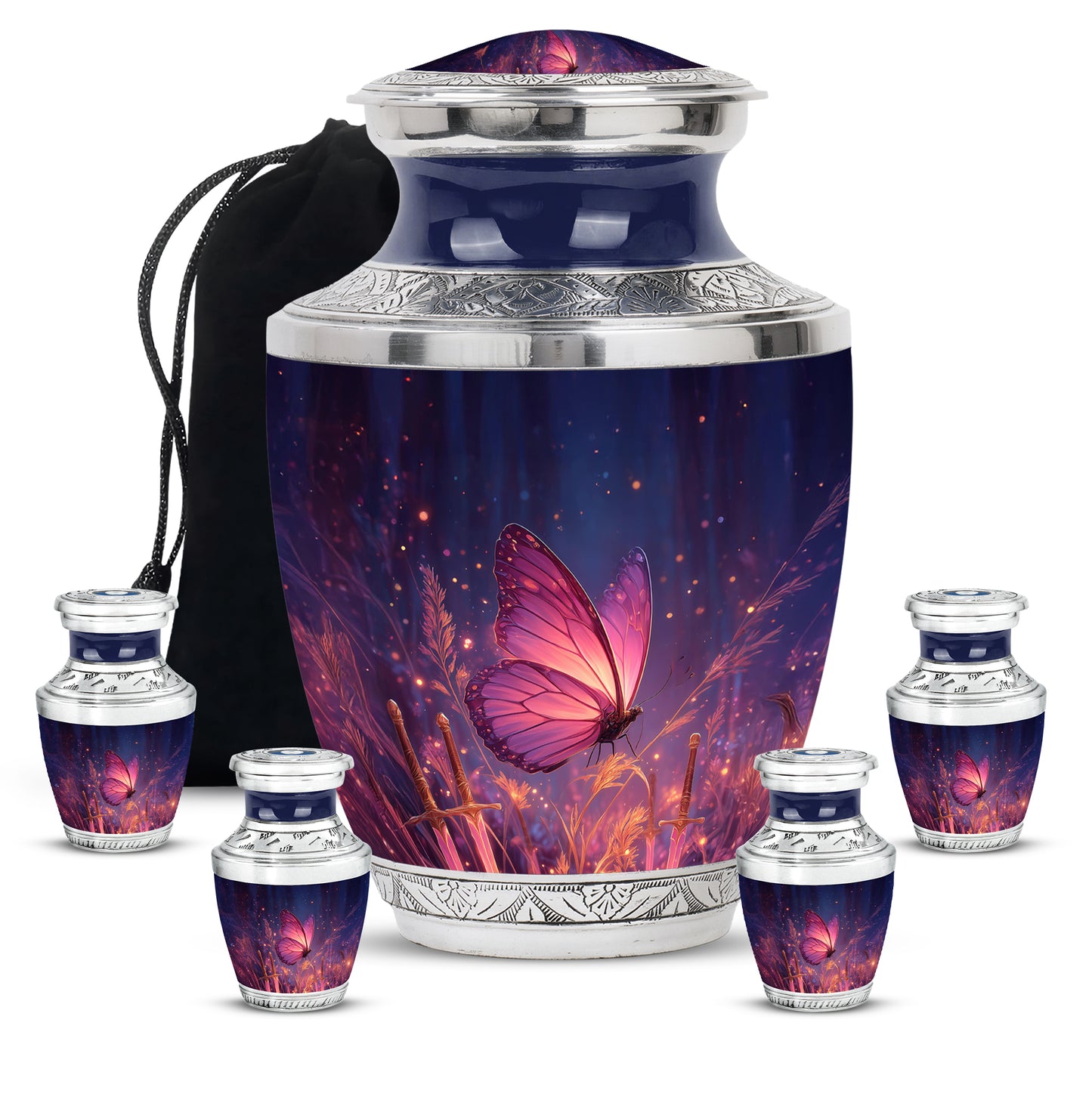 Twilight Blue Butterfly Cremation Urn lifestyle display on memorial shelf - stylized abstract butterfly pattern with bold lines - memorial set with one large and four small urns