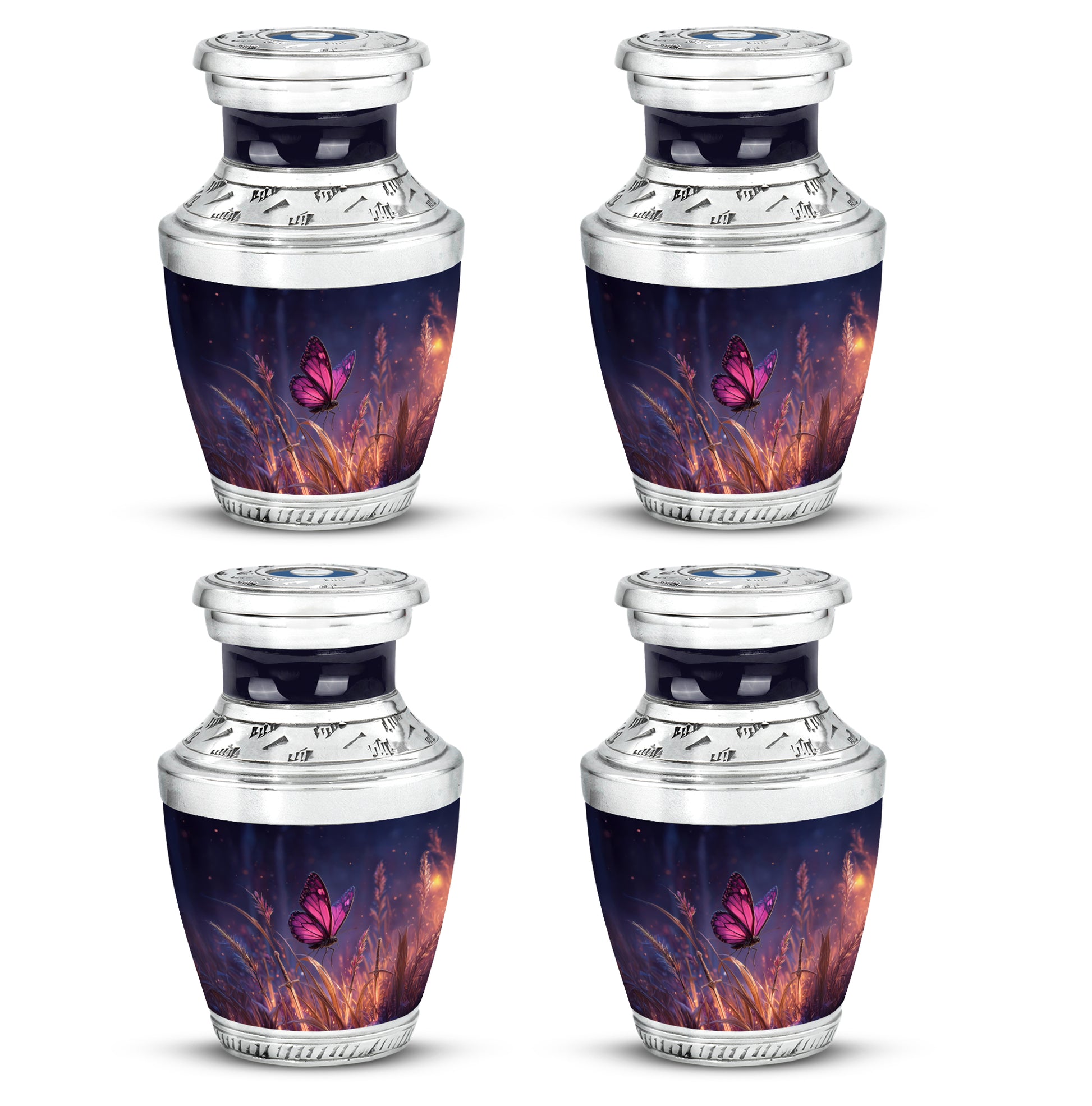 Soft Blue Butterfly Cremation Urn back view with polished surface - stylized abstract butterfly pattern with bold lines - 10 inch aluminum urn for cremated remains