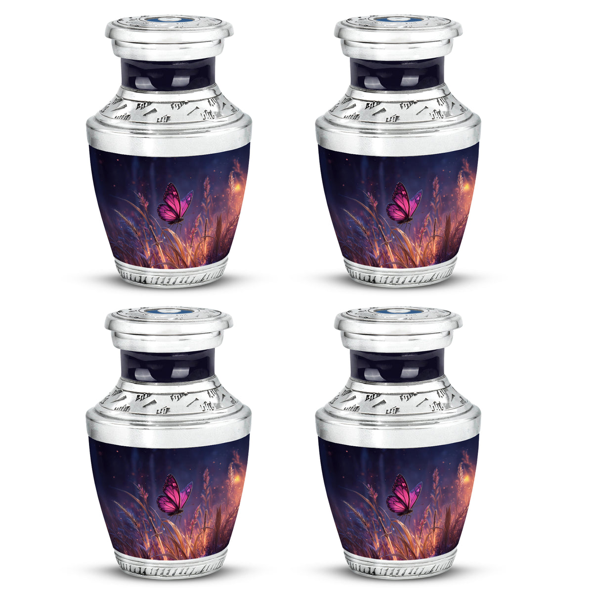Soft Blue Butterfly Cremation Urn back view with polished surface - stylized abstract butterfly pattern with bold lines - 10 inch aluminum urn for cremated remains