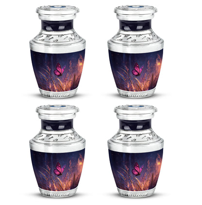 Soft Blue Butterfly Cremation Urn back view with polished surface - stylized abstract butterfly pattern with bold lines - 10 inch aluminum urn for cremated remains