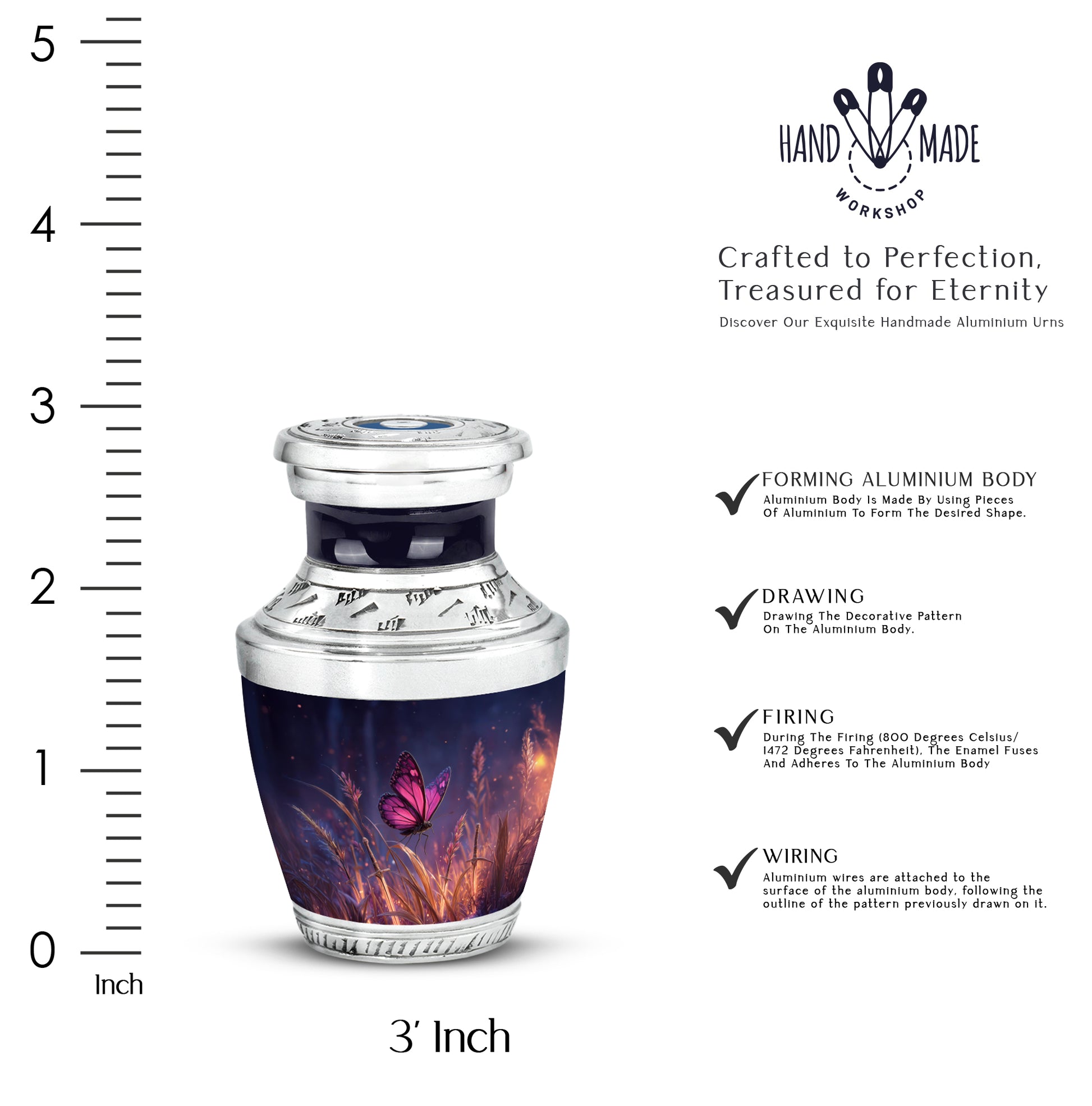 Steel Blue Butterfly Cremation Urn top-down view of secure threaded lid - stylized abstract butterfly pattern with bold lines - mini keepsake memorial for portion of cremation ashes