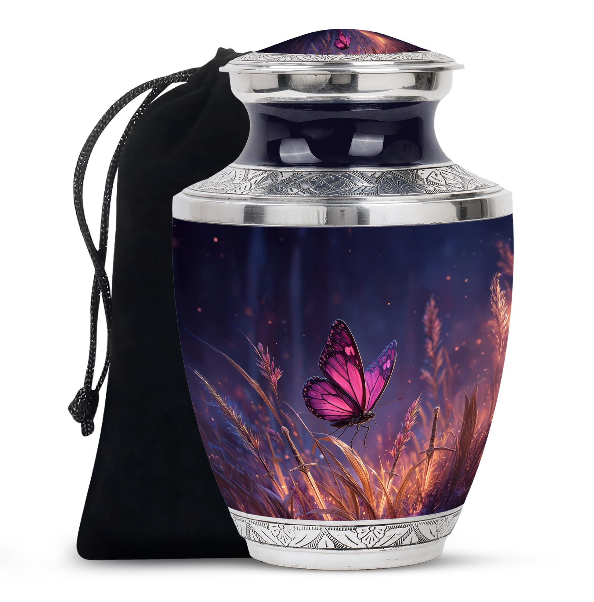 Indigo Butterfly Cremation Urn side profile showing urn shape - modern art-inspired butterfly motif on sleek aluminum - full-size 10 inch 200 cubic inch adult cremation urn