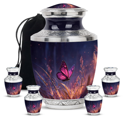 Icy Blue Butterfly Cremation Urn lifestyle display on memorial shelf - contemporary butterfly design with modern artistic flair - memorial set with one large and four small urns