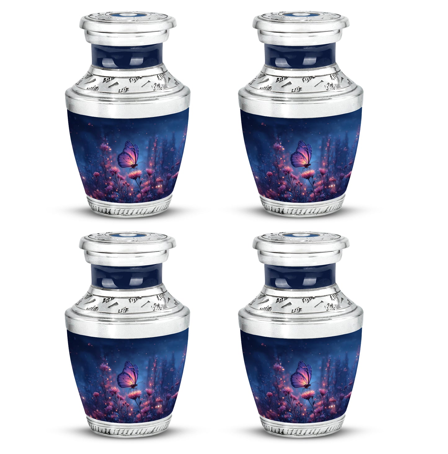 Twilight Blue Butterfly Cremation Urn back view with polished surface - artistic butterfly interpretation with creative detail - 10 inch aluminum urn for cremated remains