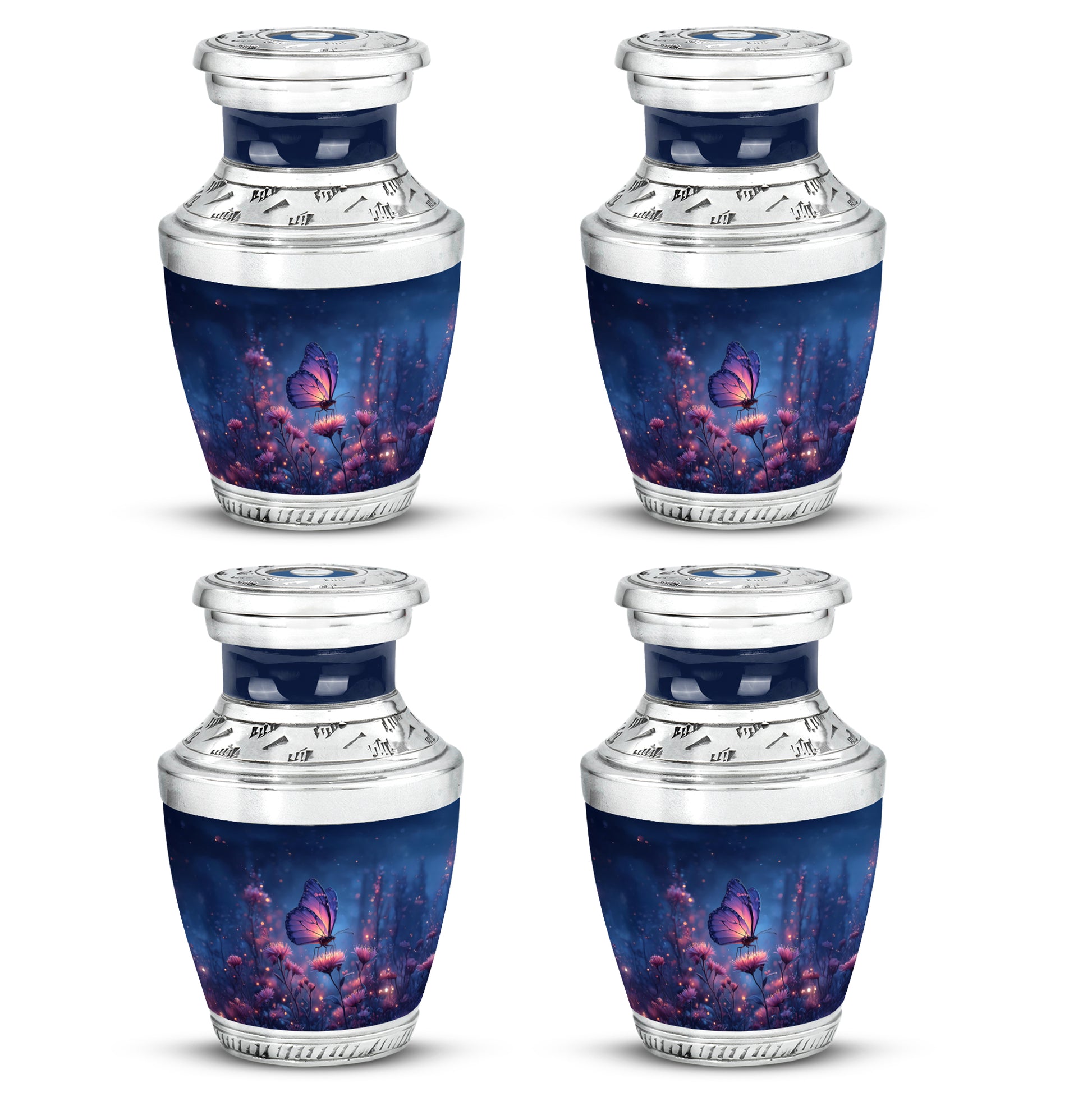 Twilight Blue Butterfly Cremation Urn back view with polished surface - artistic butterfly interpretation with creative detail - 10 inch aluminum urn for cremated remains