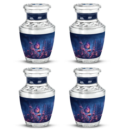 Twilight Blue Butterfly Cremation Urn back view with polished surface - artistic butterfly interpretation with creative detail - 10 inch aluminum urn for cremated remains