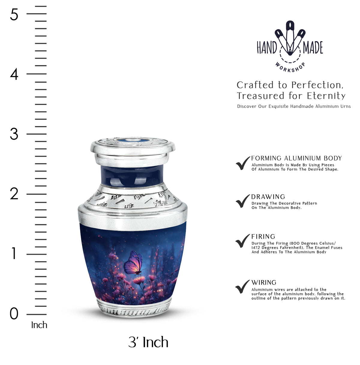 Soft Blue Butterfly Cremation Urn top-down view of secure threaded lid - stylized abstract butterfly pattern with bold lines - mini keepsake memorial for portion of cremation ashes