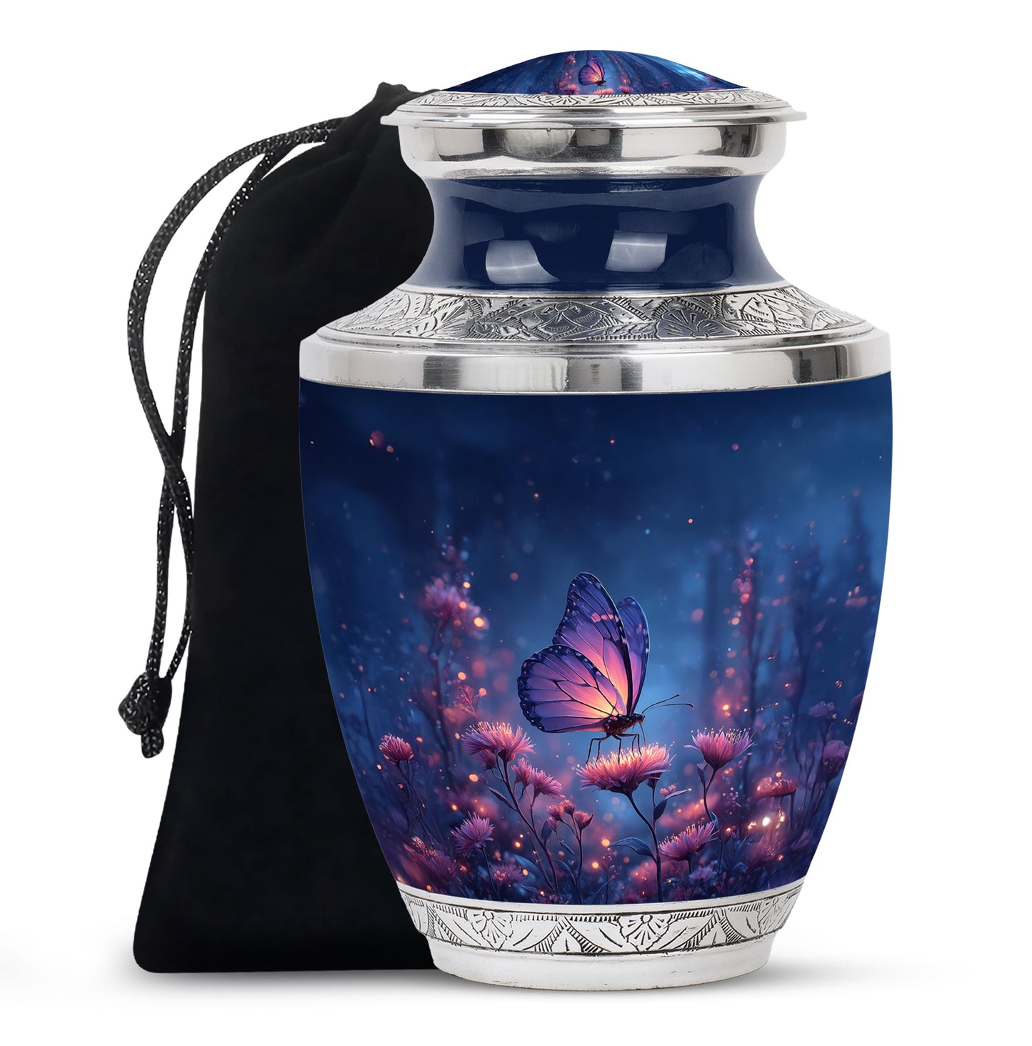 Cornflower Blue Butterfly Cremation Urn side profile showing urn shape - stylized abstract butterfly pattern with bold lines - full-size 10 inch 200 cubic inch adult cremation urn