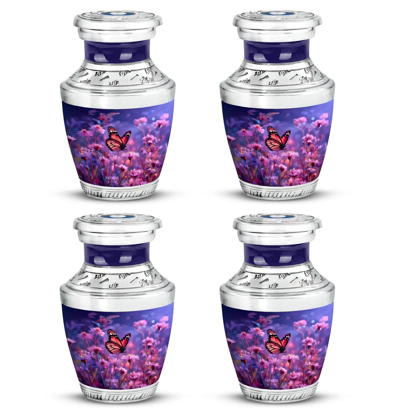 Sapphire Blue Butterfly Cremation Urn back view with polished surface - artistic butterfly interpretation with creative detail - 10 inch aluminum urn for cremated remains