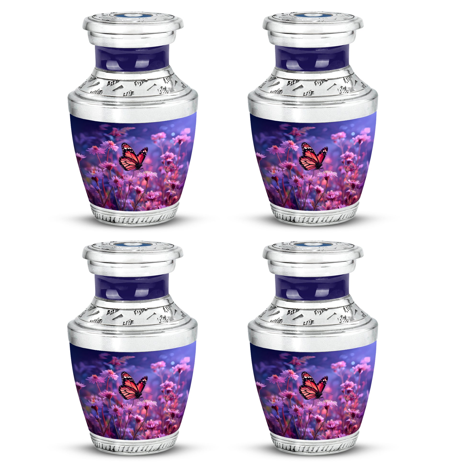 Sapphire Blue Butterfly Cremation Urn back view with polished surface - artistic butterfly interpretation with creative detail - 10 inch aluminum urn for cremated remains