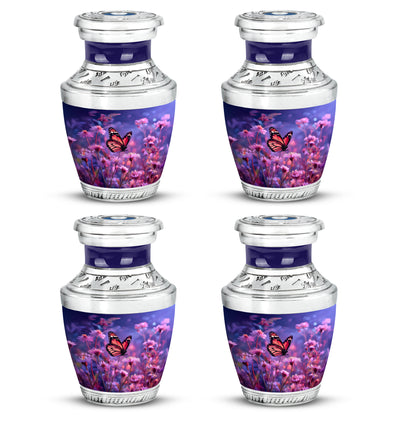 Sapphire Blue Butterfly Cremation Urn back view with polished surface - artistic butterfly interpretation with creative detail - 10 inch aluminum urn for cremated remains