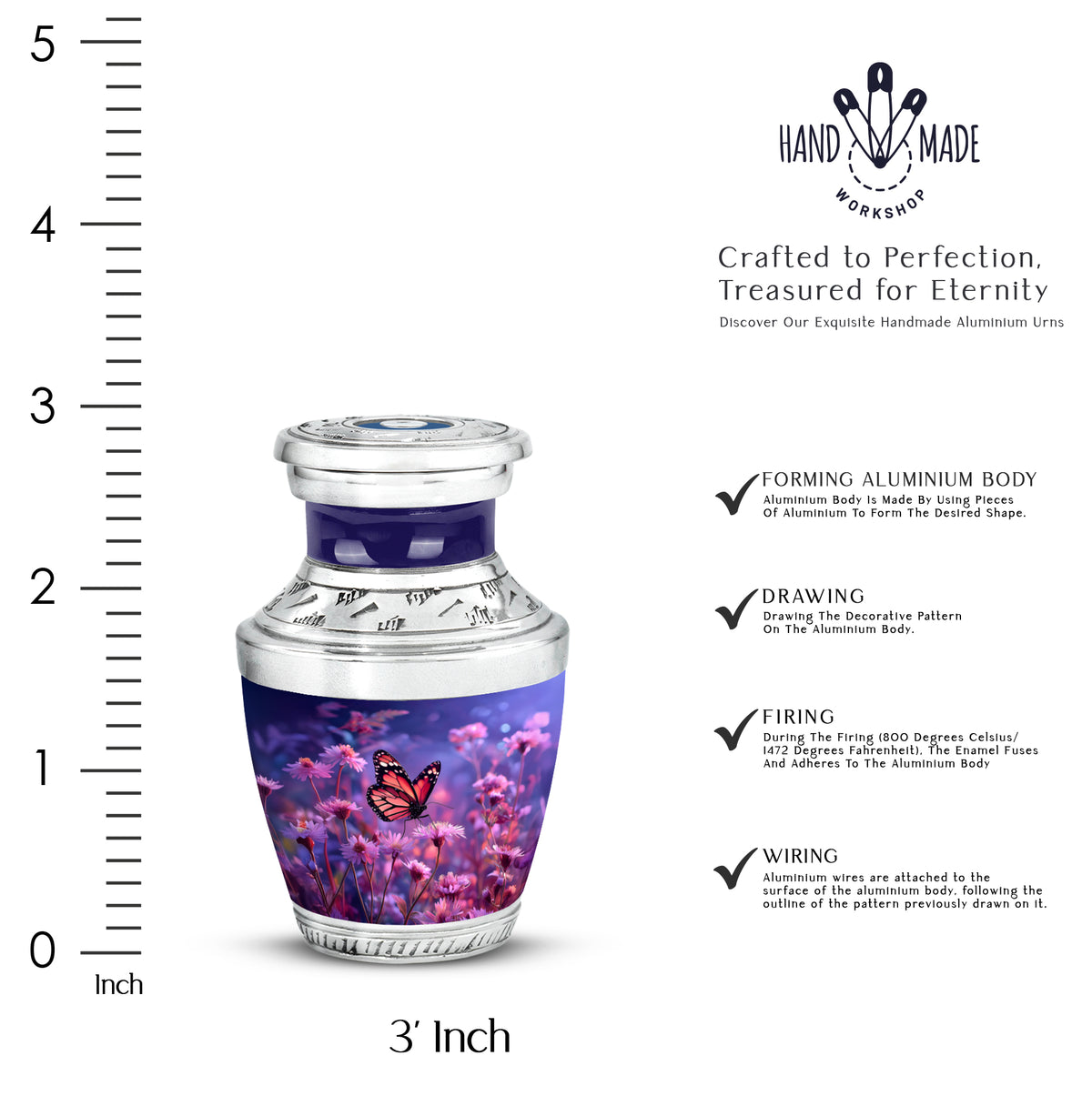 Indigo Butterfly Cremation Urn top-down view of secure threaded lid - modern art-inspired butterfly motif on sleek aluminum - mini keepsake memorial for portion of cremation ashes