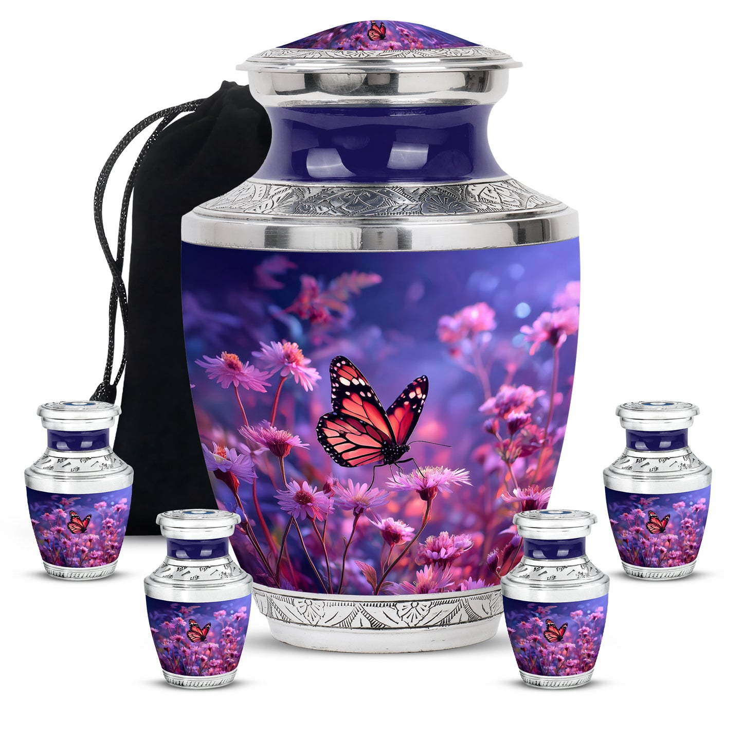 Soft Blue Butterfly Cremation Urn lifestyle display on memorial shelf - artistic butterfly interpretation with creative detail - memorial set with one large and four small urns
