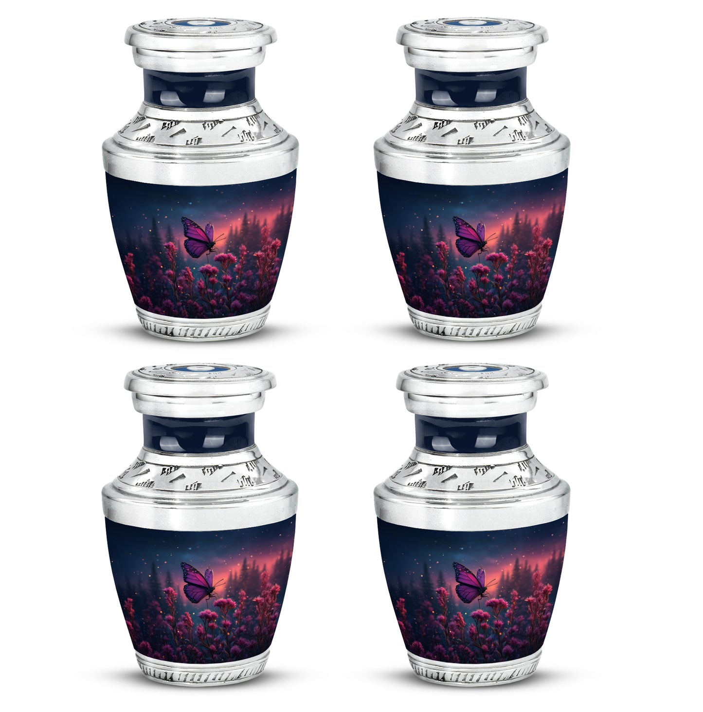 Indigo Butterfly Cremation Urn back view with polished surface - modern art-inspired butterfly motif on sleek aluminum - 10 inch aluminum urn for cremated remains