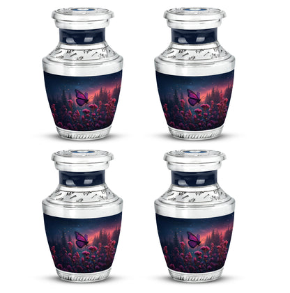 Indigo Butterfly Cremation Urn back view with polished surface - modern art-inspired butterfly motif on sleek aluminum - 10 inch aluminum urn for cremated remains
