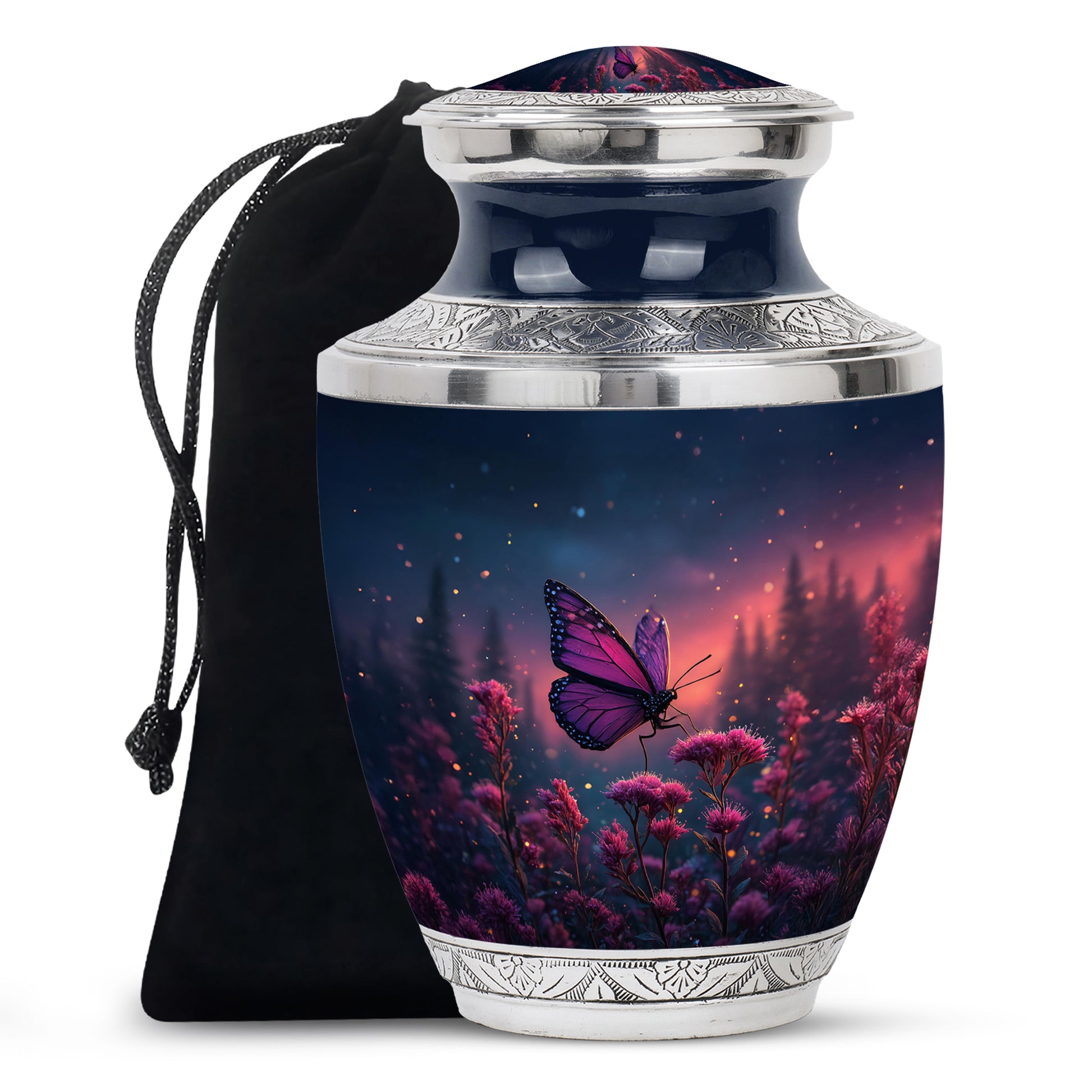 Twilight Blue Butterfly Cremation Urn side profile showing urn shape - artistic butterfly interpretation with creative detail - full-size 10 inch 200 cubic inch adult cremation urn