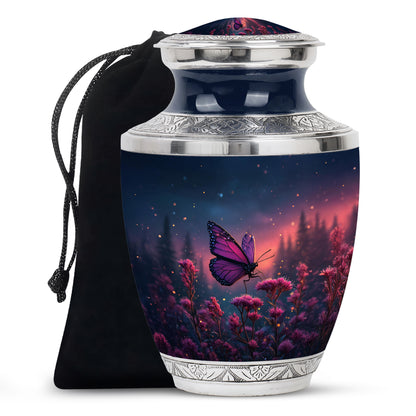 Twilight Blue Butterfly Cremation Urn side profile showing urn shape - artistic butterfly interpretation with creative detail - full-size 10 inch 200 cubic inch adult cremation urn