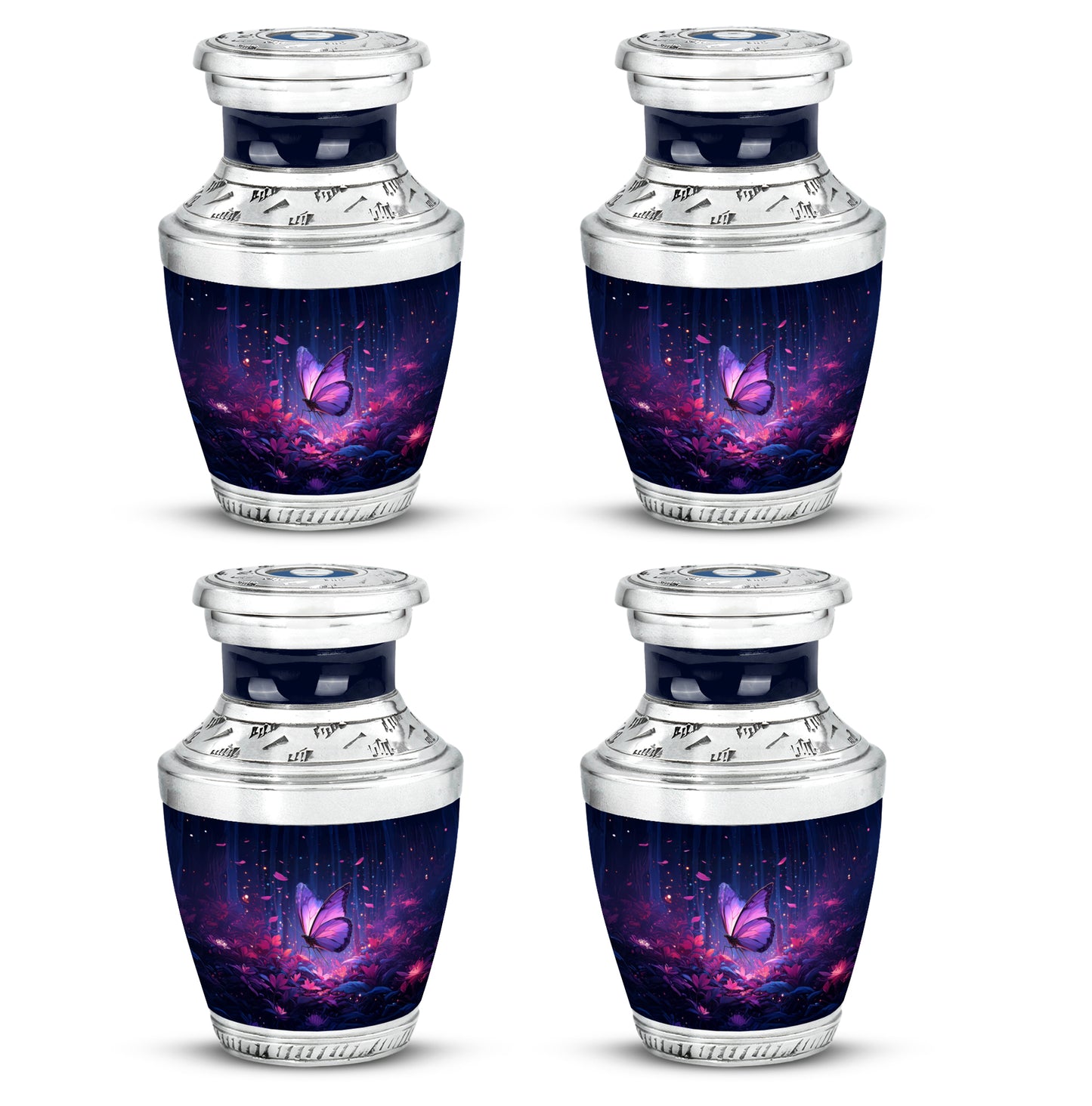 Slate Blue Butterfly Cremation Urn back view with polished surface - modern art-inspired butterfly motif on sleek aluminum - 10 inch aluminum urn for cremated remains