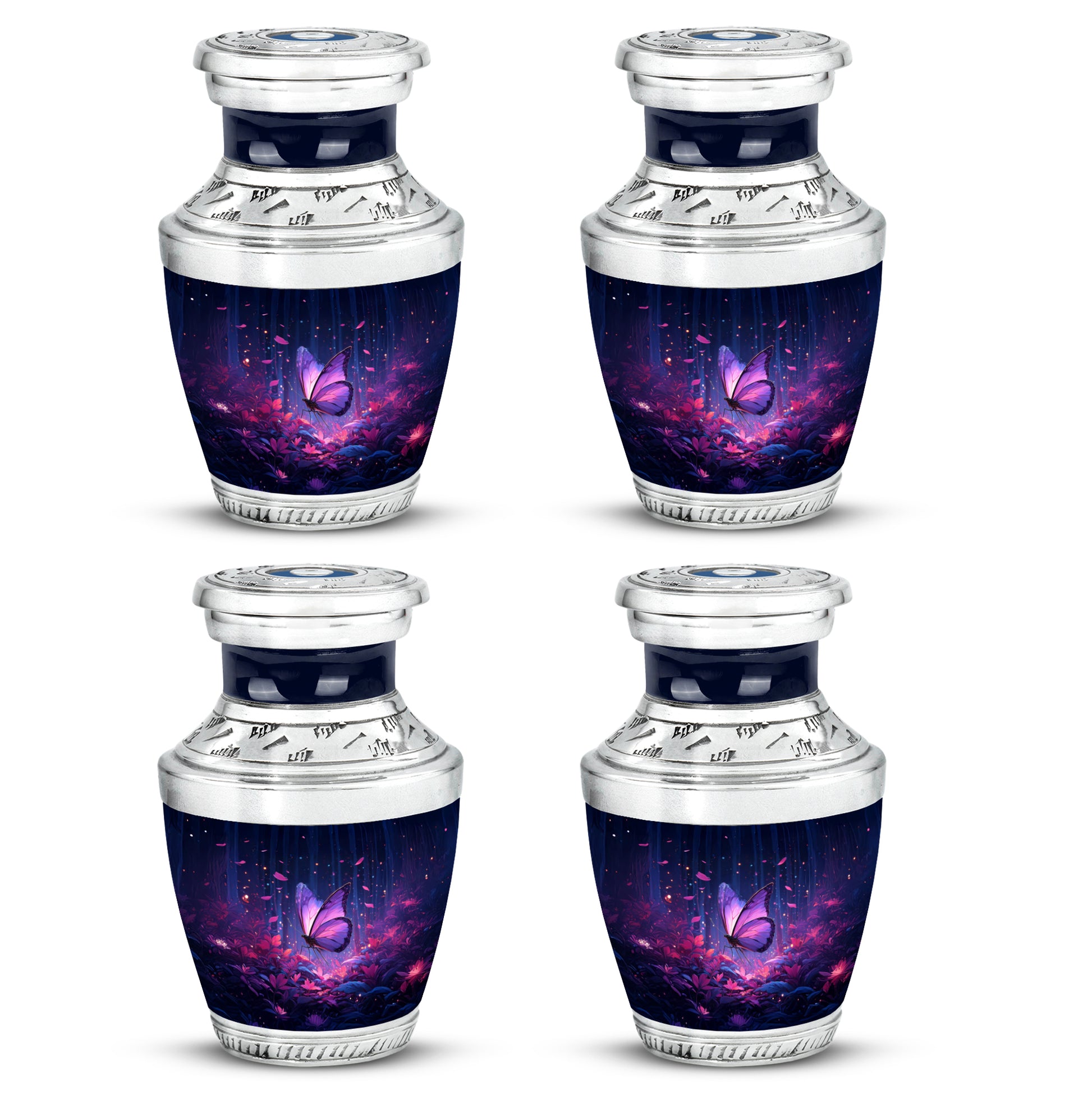 Slate Blue Butterfly Cremation Urn back view with polished surface - modern art-inspired butterfly motif on sleek aluminum - 10 inch aluminum urn for cremated remains