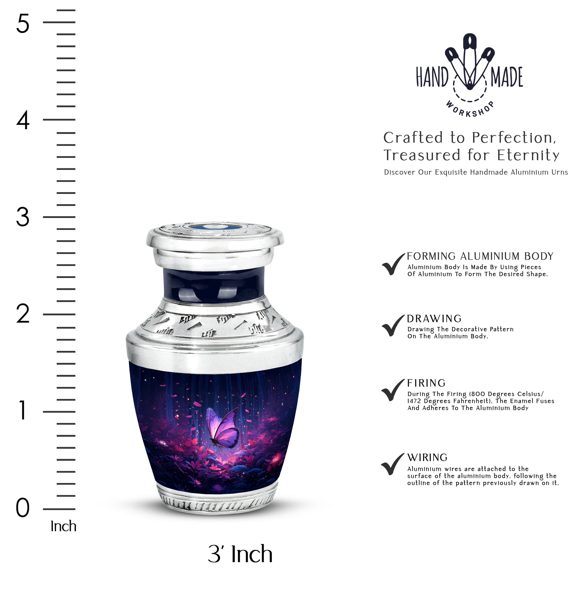 Calming Blue Butterfly Cremation Urn top-down view of secure threaded lid - artistic butterfly interpretation with creative detail - mini keepsake memorial for portion of cremation ashes