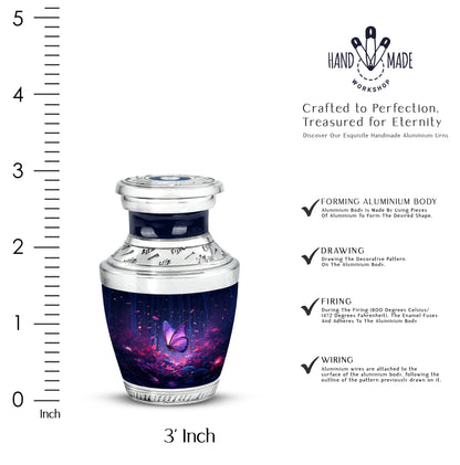 Calming Blue Butterfly Cremation Urn top-down view of secure threaded lid - artistic butterfly interpretation with creative detail - mini keepsake memorial for portion of cremation ashes