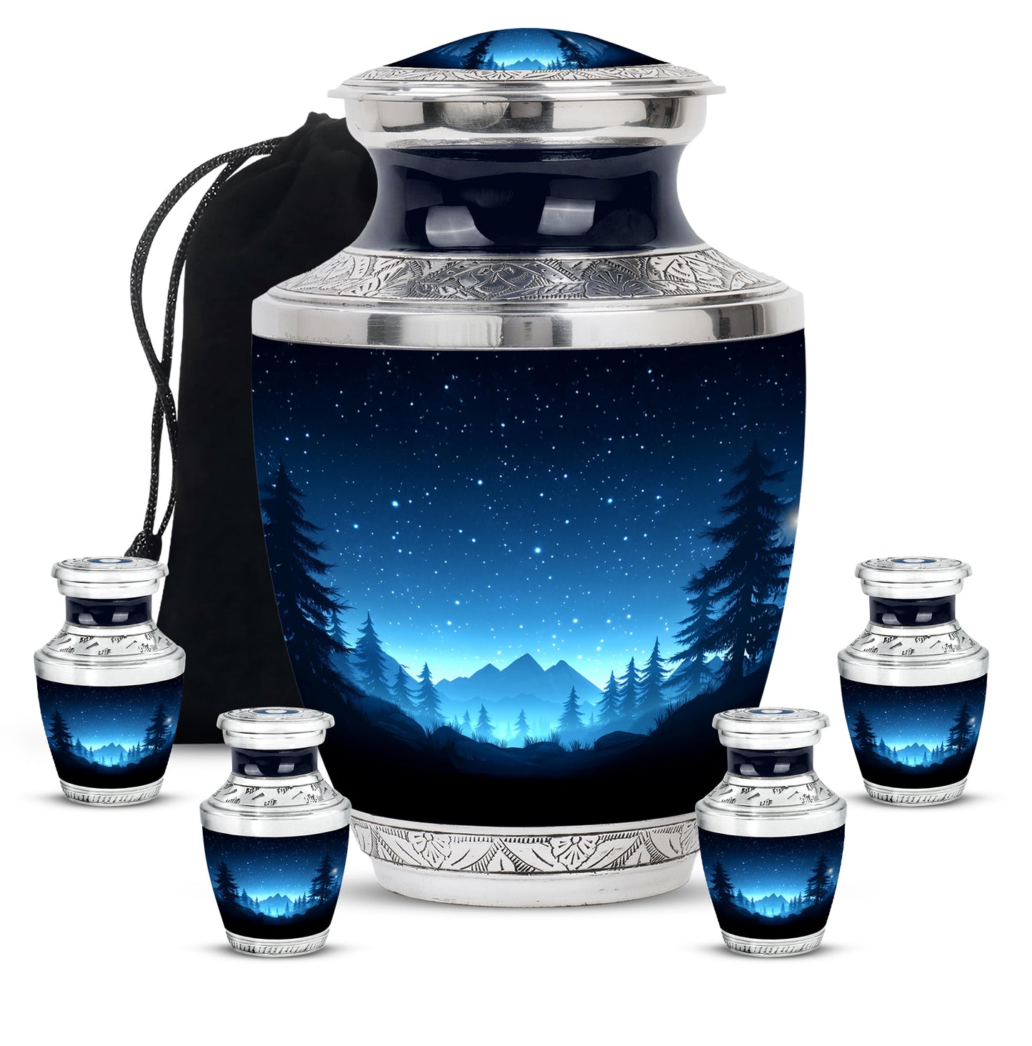 Azure Blue Cremation Urn lifestyle display on memorial shelf - contemporary blue design with modern artistic flair - memorial set with one large and four small urns