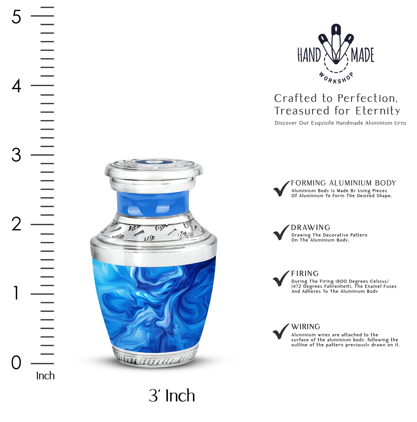 Slate Blue Blue Cremation Urn top-down view of secure threaded lid - modern art-inspired blue motif on sleek aluminum - mini keepsake memorial for portion of cremation ashes