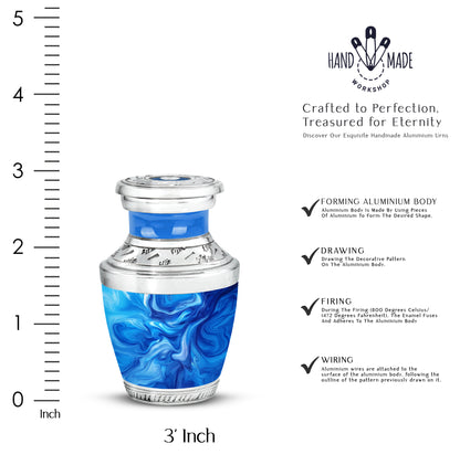 Slate Blue Blue Cremation Urn top-down view of secure threaded lid - modern art-inspired blue motif on sleek aluminum - mini keepsake memorial for portion of cremation ashes