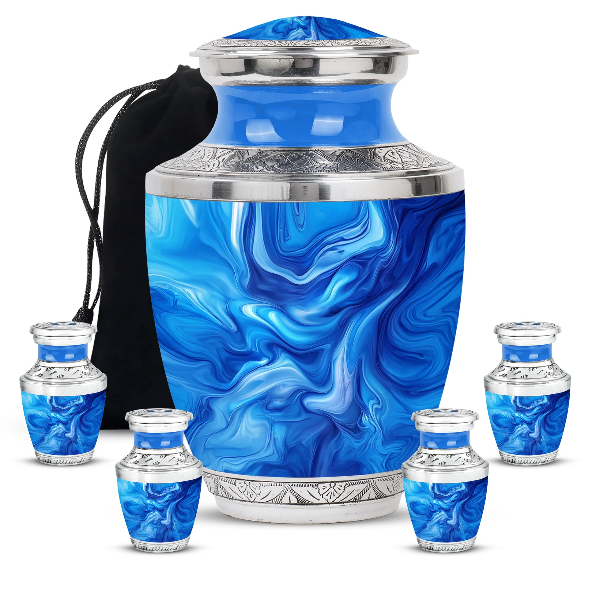 Powder Blue Blue Cremation Urn lifestyle display on memorial shelf - contemporary blue design with modern artistic flair - memorial set with one large and four small urns