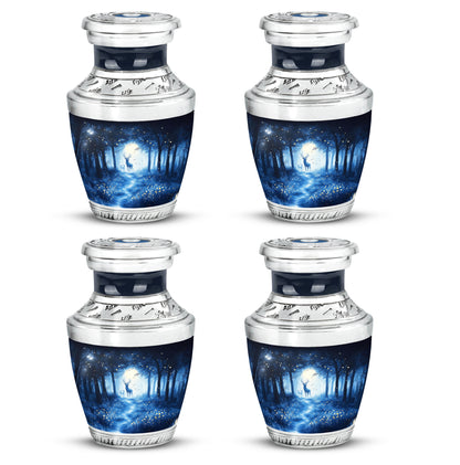Steel Blue Blue Cremation Urn back view with polished surface - stylized abstract blue pattern with bold lines - 10 inch aluminum urn for cremated remains