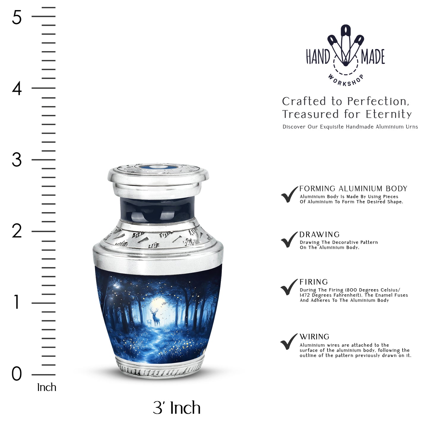 Soft Blue Blue Cremation Urn top-down view of secure threaded lid - stylized abstract blue pattern with bold lines - mini keepsake memorial for portion of cremation ashes
