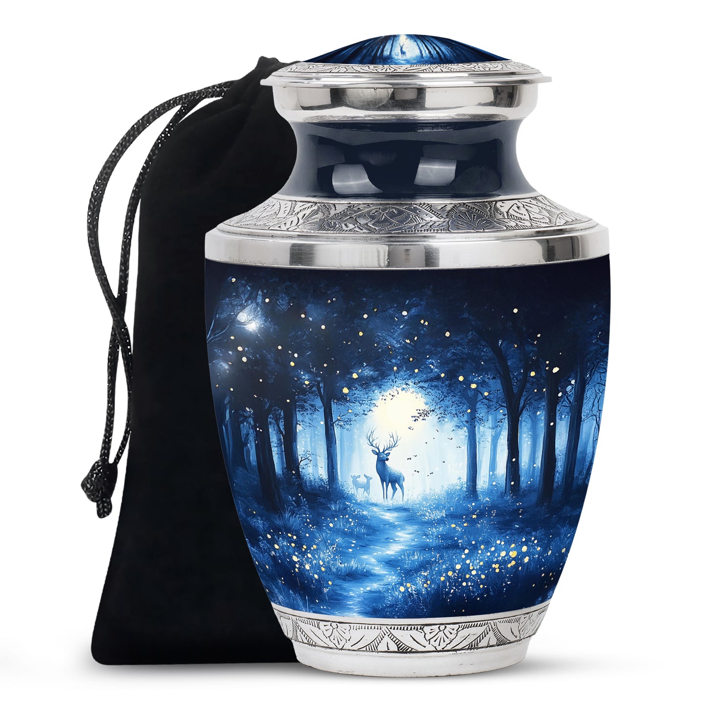 Serene Blue Blue Cremation Urn side profile showing urn shape - artistic blue interpretation with creative detail - full-size 10 inch 200 cubic inch adult cremation urn