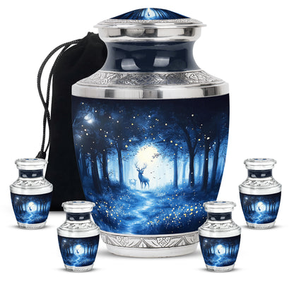 Misty Blue Blue Cremation Urn lifestyle display on memorial shelf - modern art-inspired blue motif on sleek aluminum - memorial set with one large and four small urns