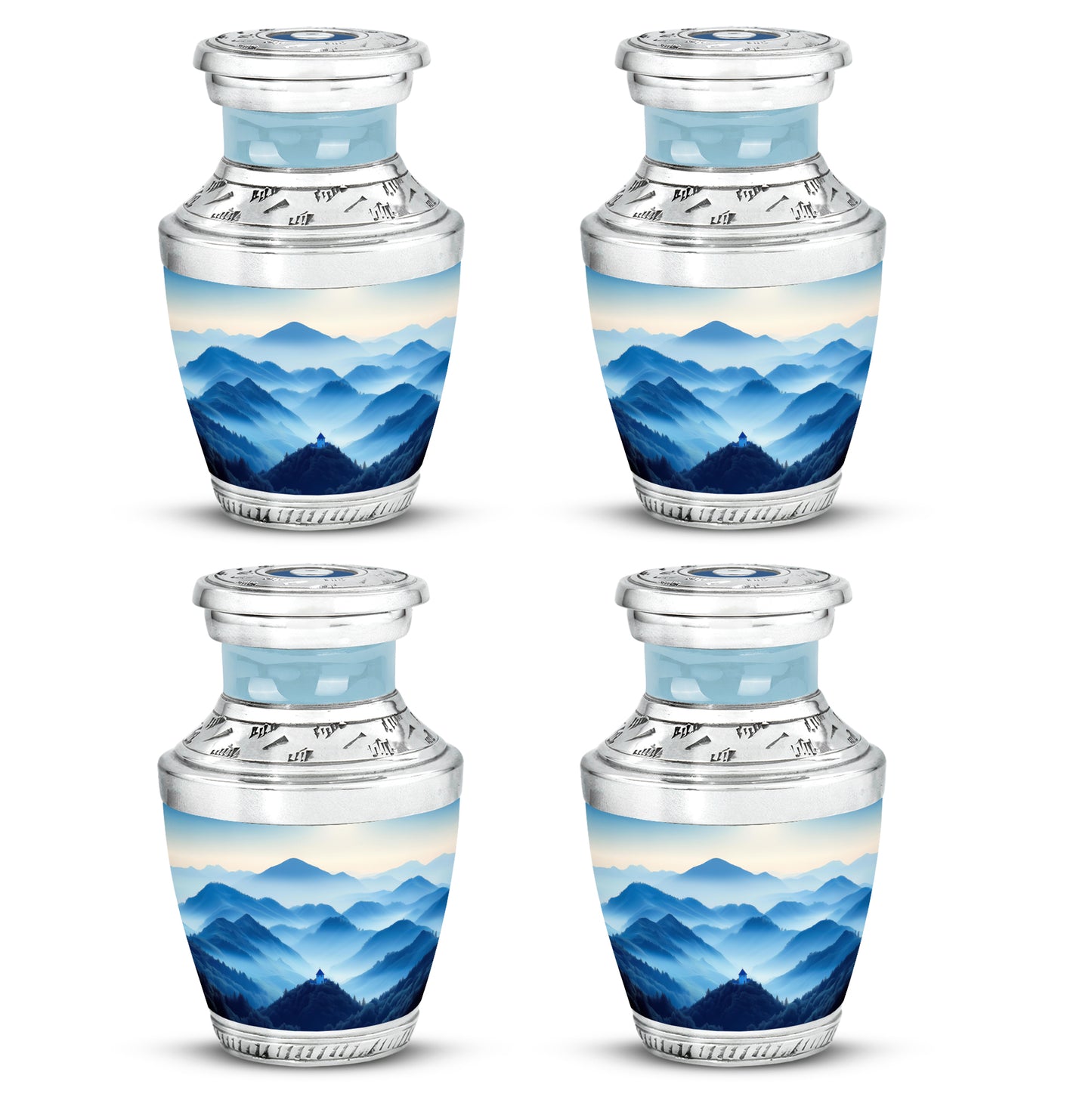 Gleaming Silver Blue Cremation Urn back view with polished surface - contemporary blue design with modern artistic flair - 10 inch aluminum urn for cremated remains