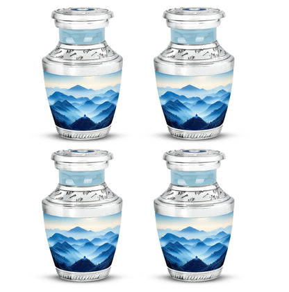 Gleaming Silver Blue Cremation Urn back view with polished surface - contemporary blue design with modern artistic flair - 10 inch aluminum urn for cremated remains