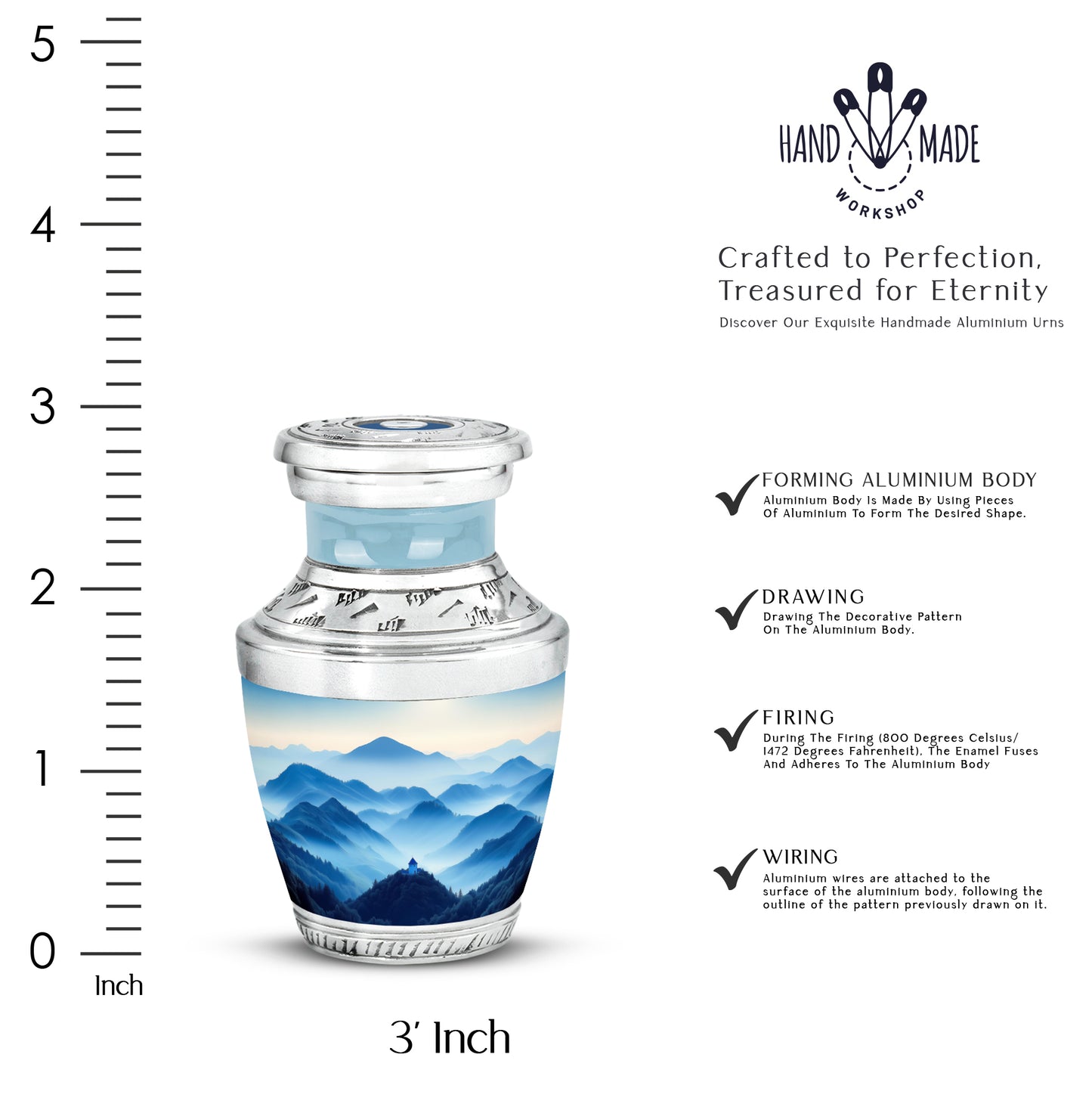 Antique Silver Blue Cremation Urn top-down view of secure threaded lid - stylized abstract blue pattern with bold lines - mini keepsake memorial for portion of cremation ashes