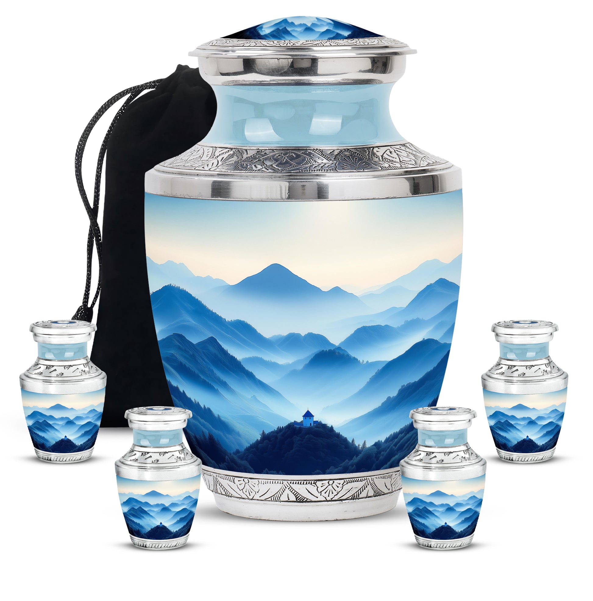 Satin Silver Blue Cremation Urn lifestyle display on memorial shelf - modern art-inspired blue motif on sleek aluminum - memorial set with one large and four small urns