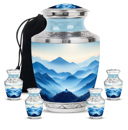 Satin Silver Blue Cremation Urn lifestyle display on memorial shelf - modern art-inspired blue motif on sleek aluminum - memorial set with one large and four small urns