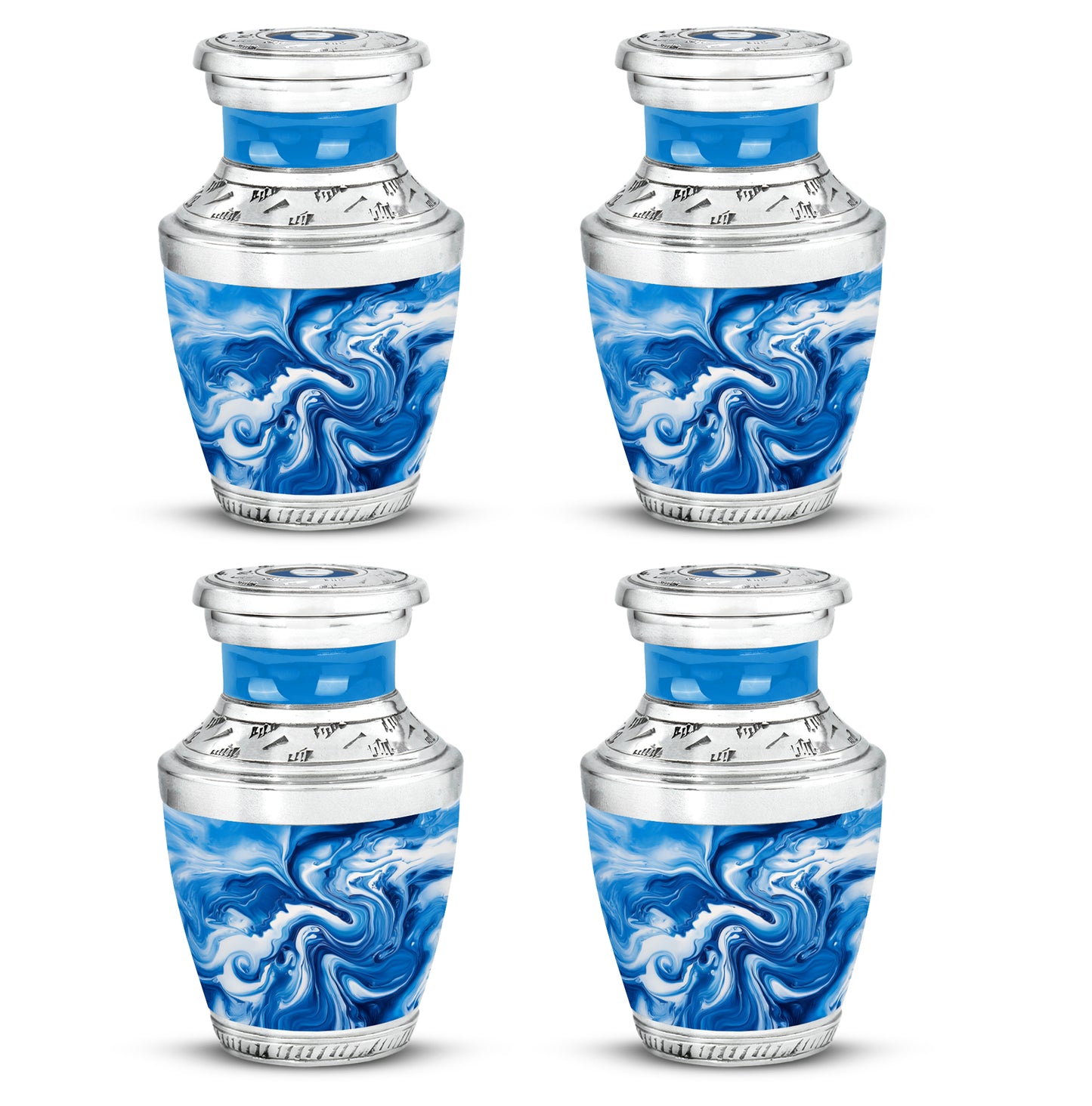 Pastel Blue Blue Cremation Urn back view with polished surface - contemporary blue design with modern artistic flair - 10 inch aluminum urn for cremated remains