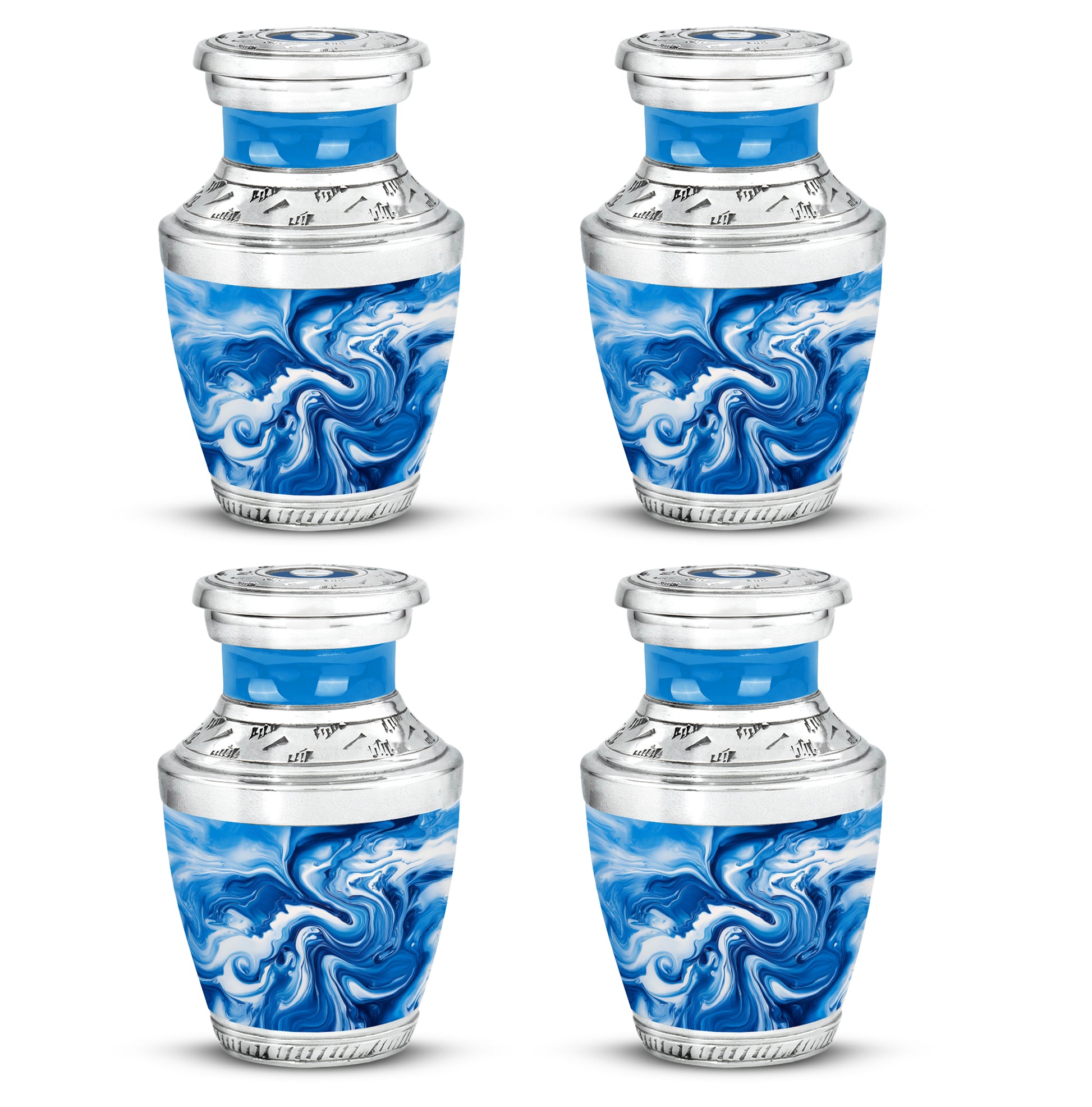 Pastel Blue Blue Cremation Urn back view with polished surface - contemporary blue design with modern artistic flair - 10 inch aluminum urn for cremated remains