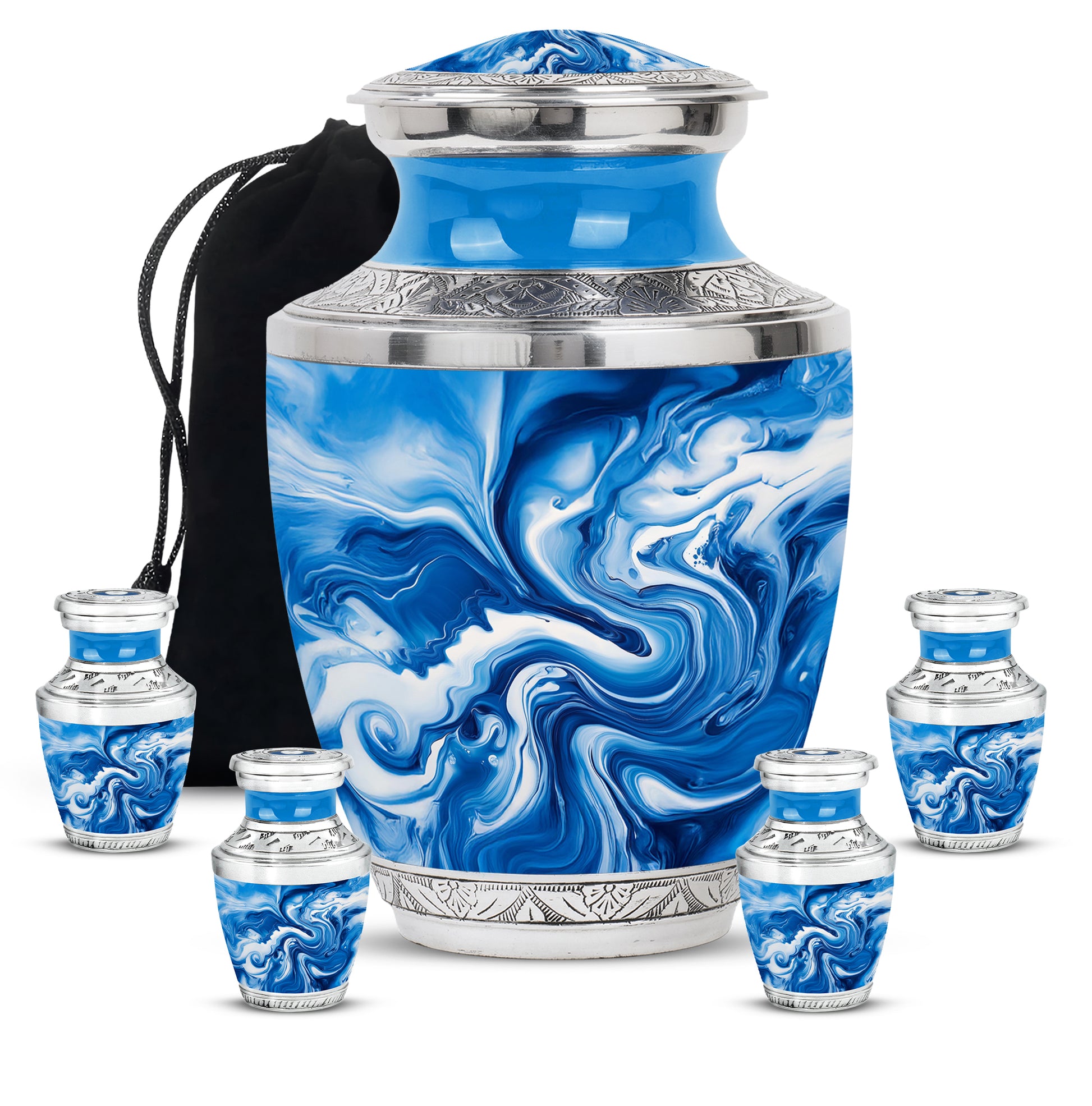 Cornflower Blue Blue Cremation Urn lifestyle display on memorial shelf - artistic blue interpretation with creative detail - memorial set with one large and four small urns