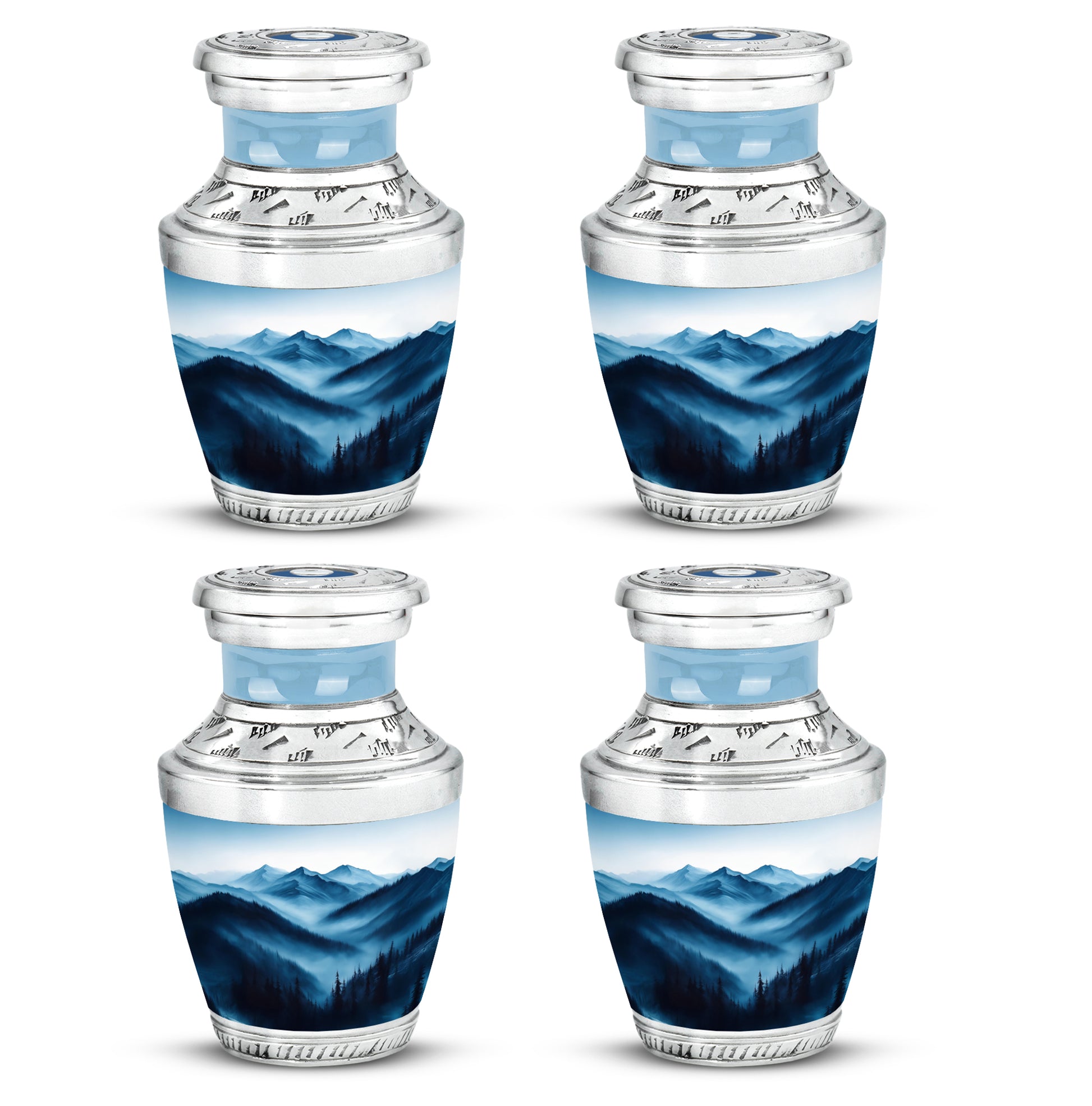 Chrome Silver Blue Cremation Urn back view with polished surface - artistic blue interpretation with creative detail - 10 inch aluminum urn for cremated remains