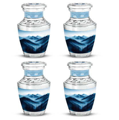 Chrome Silver Blue Cremation Urn back view with polished surface - artistic blue interpretation with creative detail - 10 inch aluminum urn for cremated remains