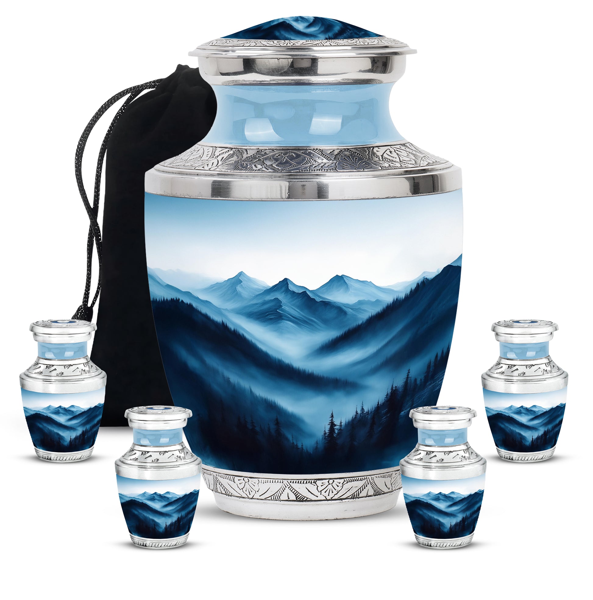 Moonlight Silver Blue Cremation Urn lifestyle display on memorial shelf - stylized abstract blue pattern with bold lines - memorial set with one large and four small urns