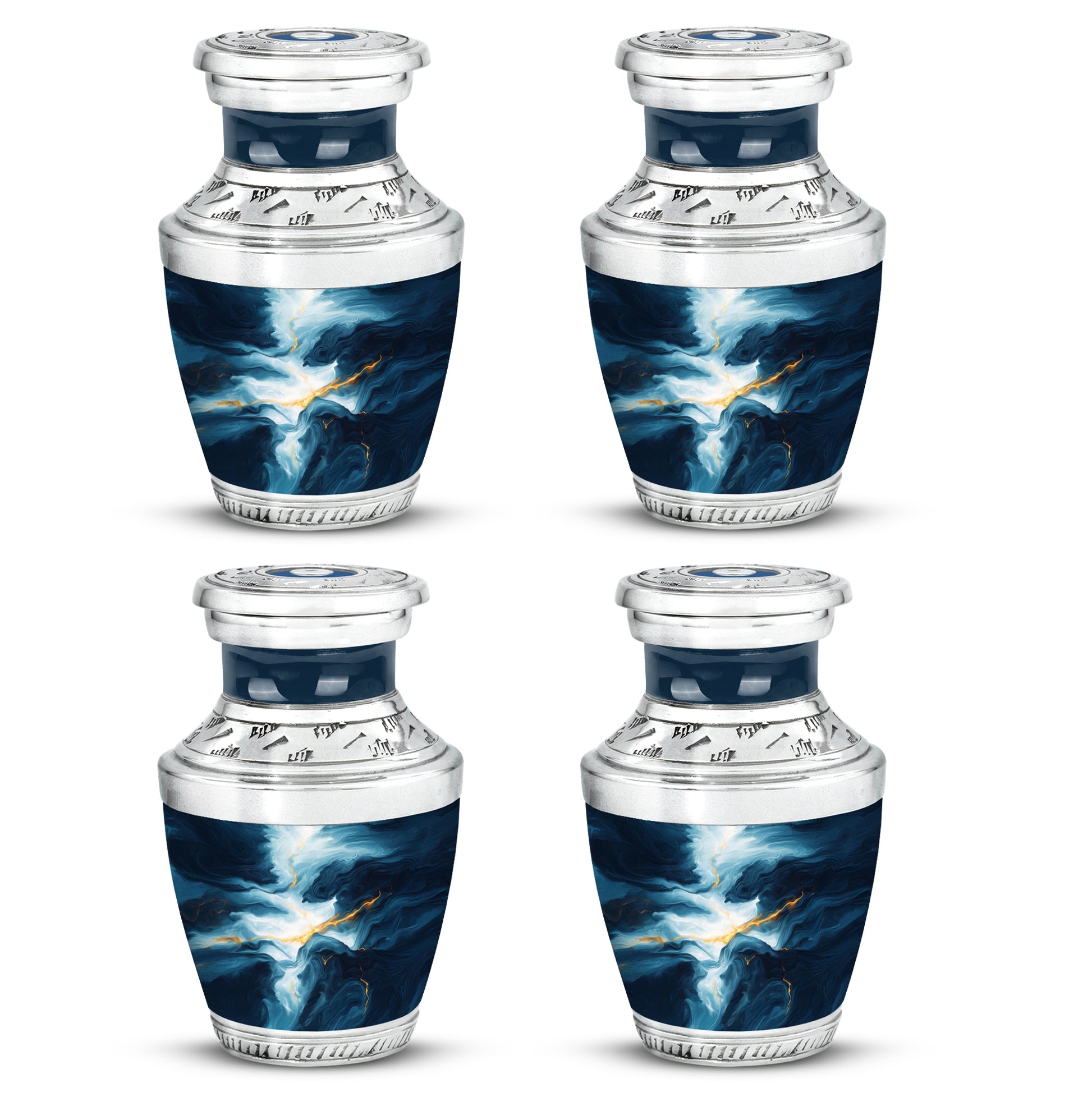 Misty Blue Blue Cremation Urn back view with polished surface - modern art-inspired blue motif on sleek aluminum - 10 inch aluminum urn for cremated remains