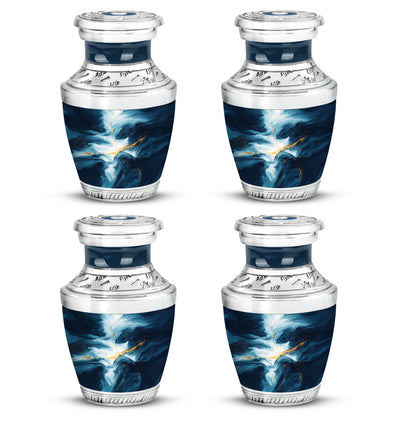 Misty Blue Blue Cremation Urn back view with polished surface - modern art-inspired blue motif on sleek aluminum - 10 inch aluminum urn for cremated remains