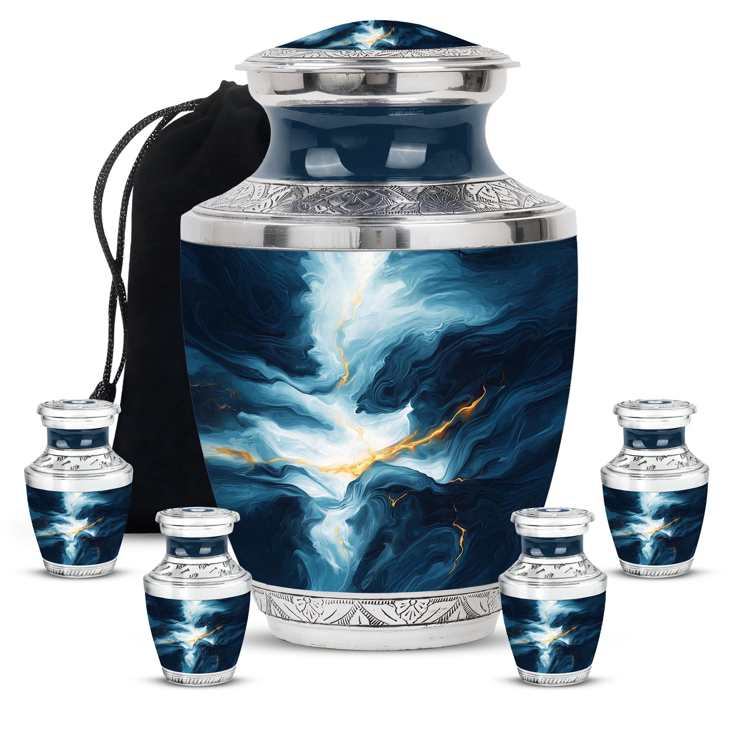 Powder Blue Blue Cremation Urn lifestyle display on memorial shelf - contemporary blue design with modern artistic flair - memorial set with one large and four small urns